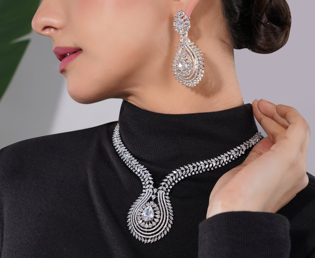 Amaita American Diamond Floral Choker Necklace Set