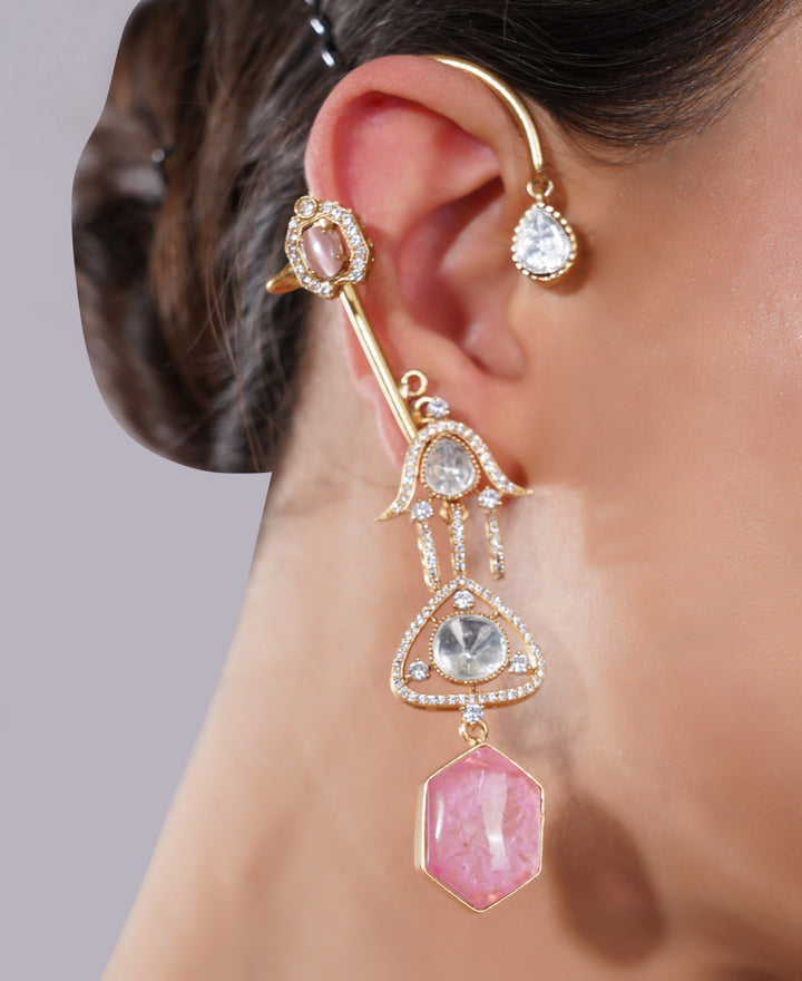 Amaita American Diamond Pink Stone Drop Earrings