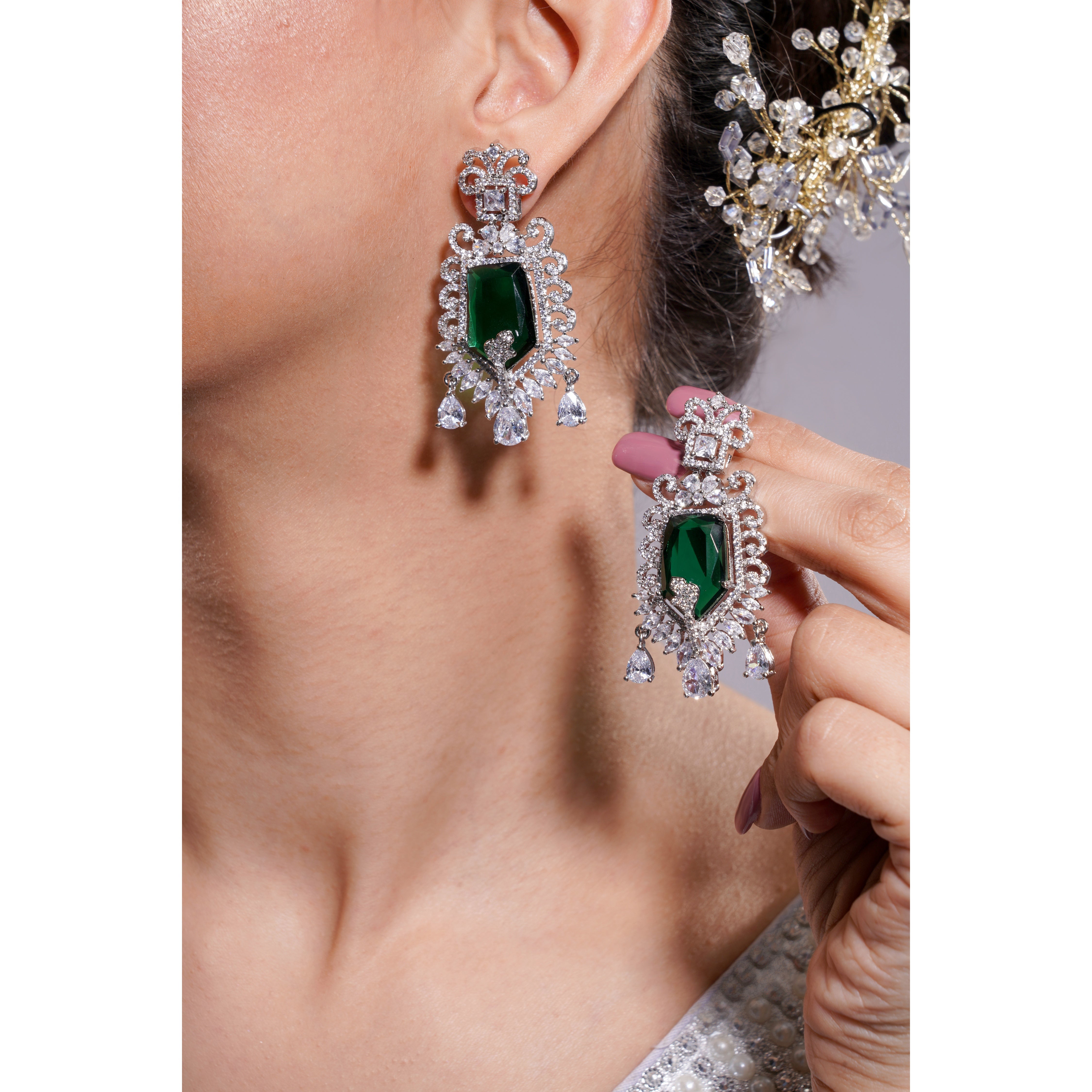 Amaita Silver Tone AD Deep Emerald Shield Drop Earrings
