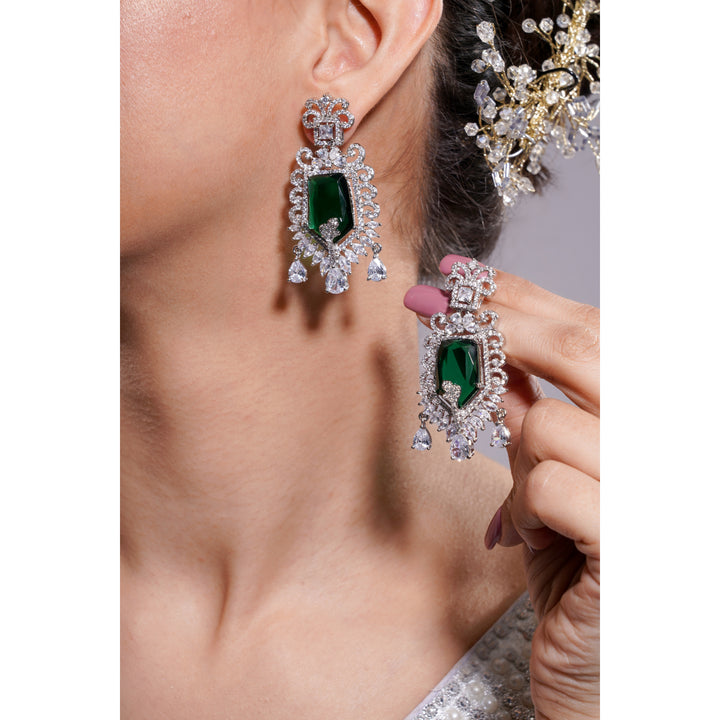 Amaita Silver Tone AD Deep Emerald Shield Drop Earrings