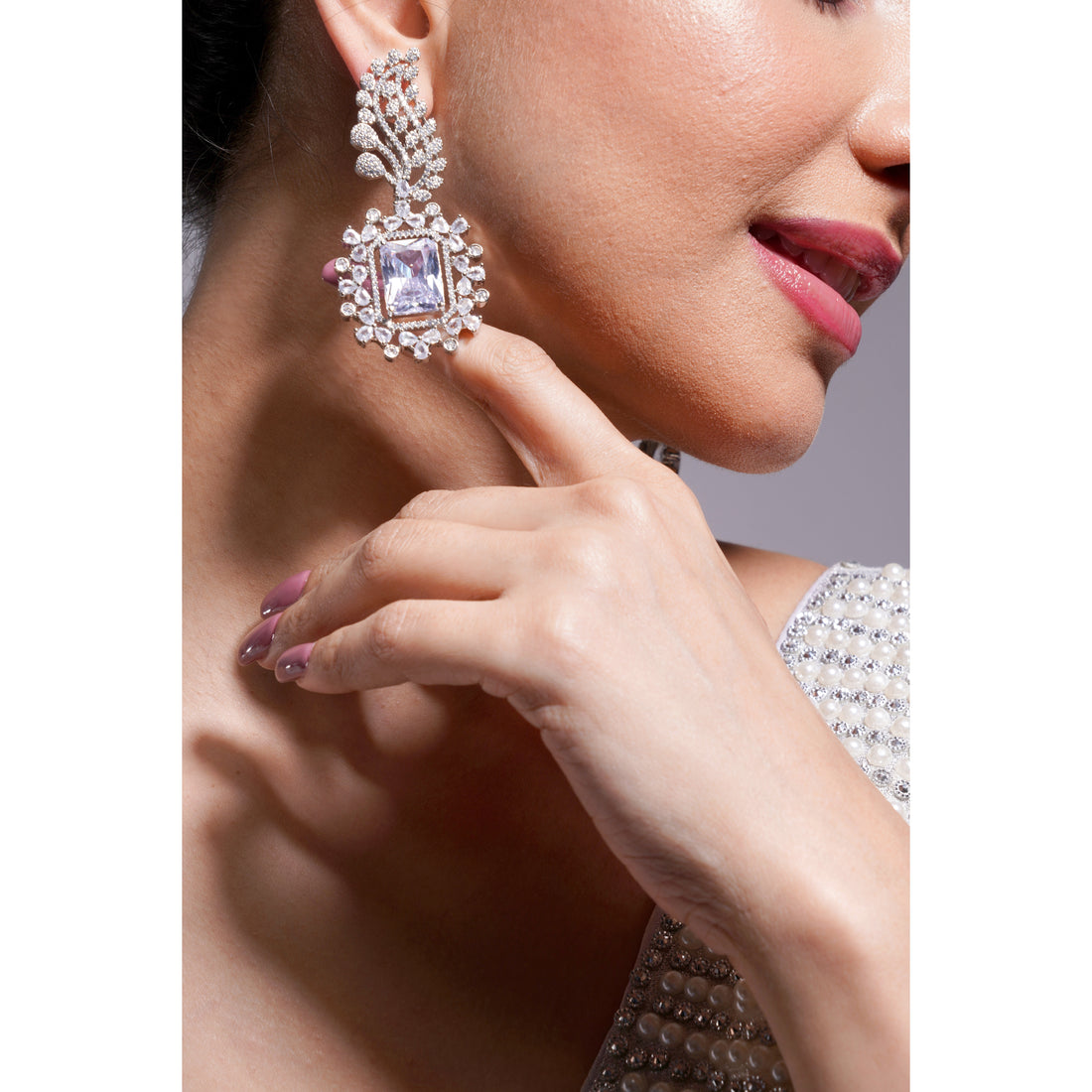 Amaita AD Square Stone Floral Drop Earrings in Silver Finish