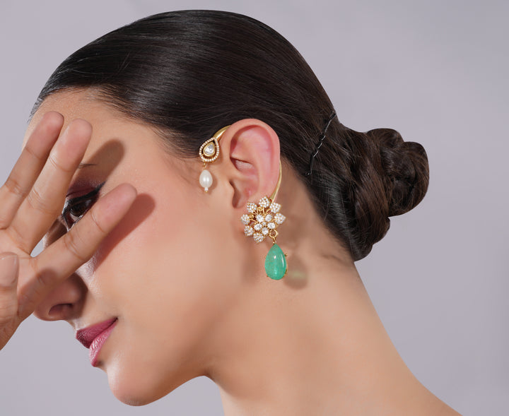 Amaita American Diamond Floral Green Teardrop Earrings