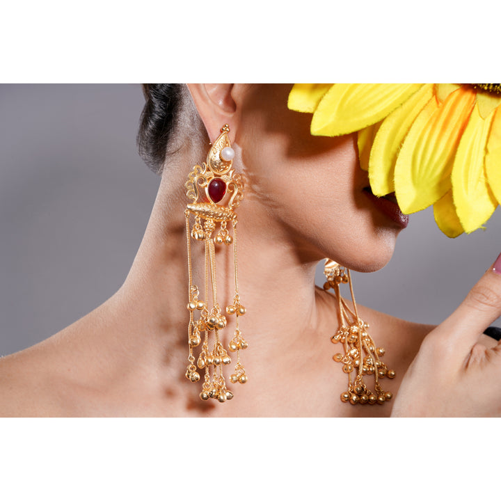 Amaita Kashmiri Ruby Long Dangling Earrings