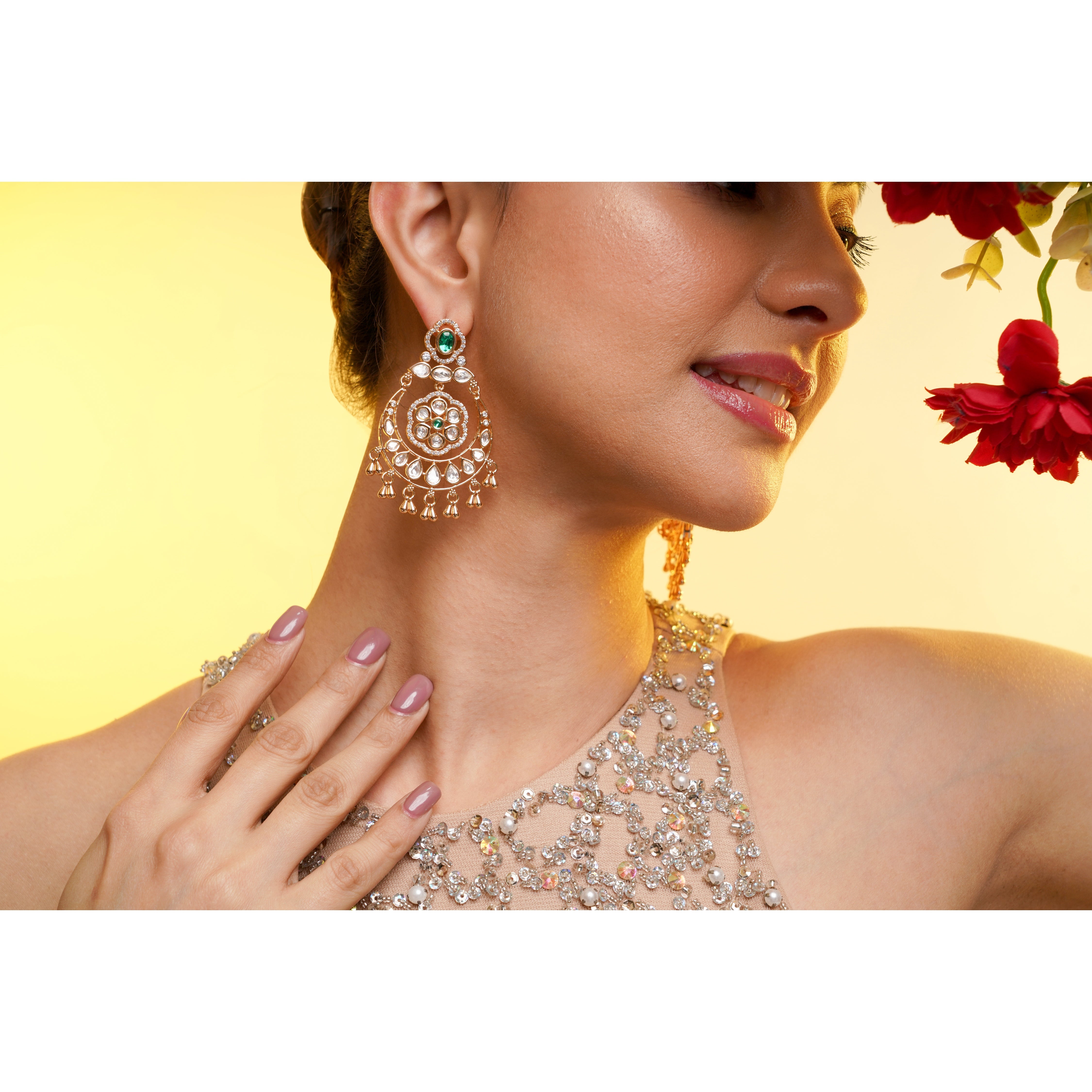 Amaita Gold Polki Emerald Chandbali Earrings