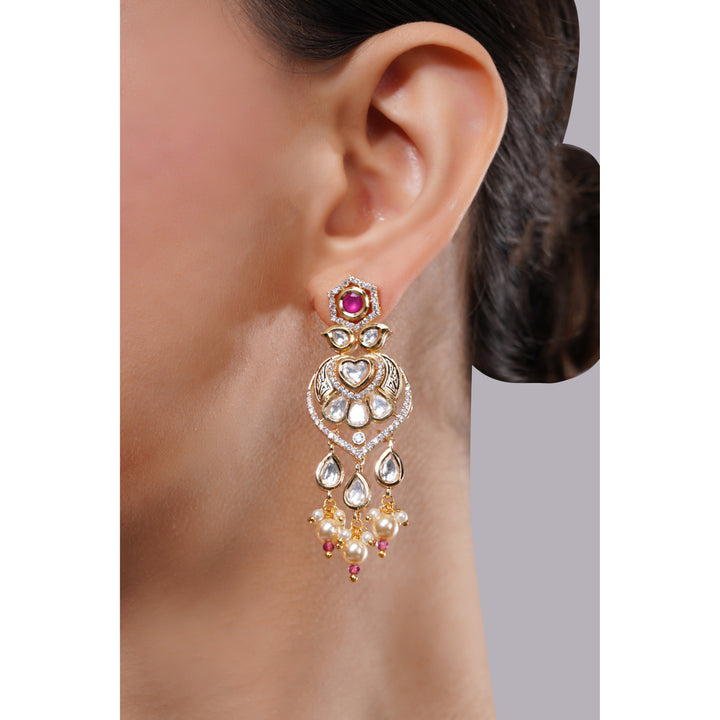 Amaita Demi Fine Ethnic Polki Heart Motif Ruby Pearl Tassel Drop Earrings