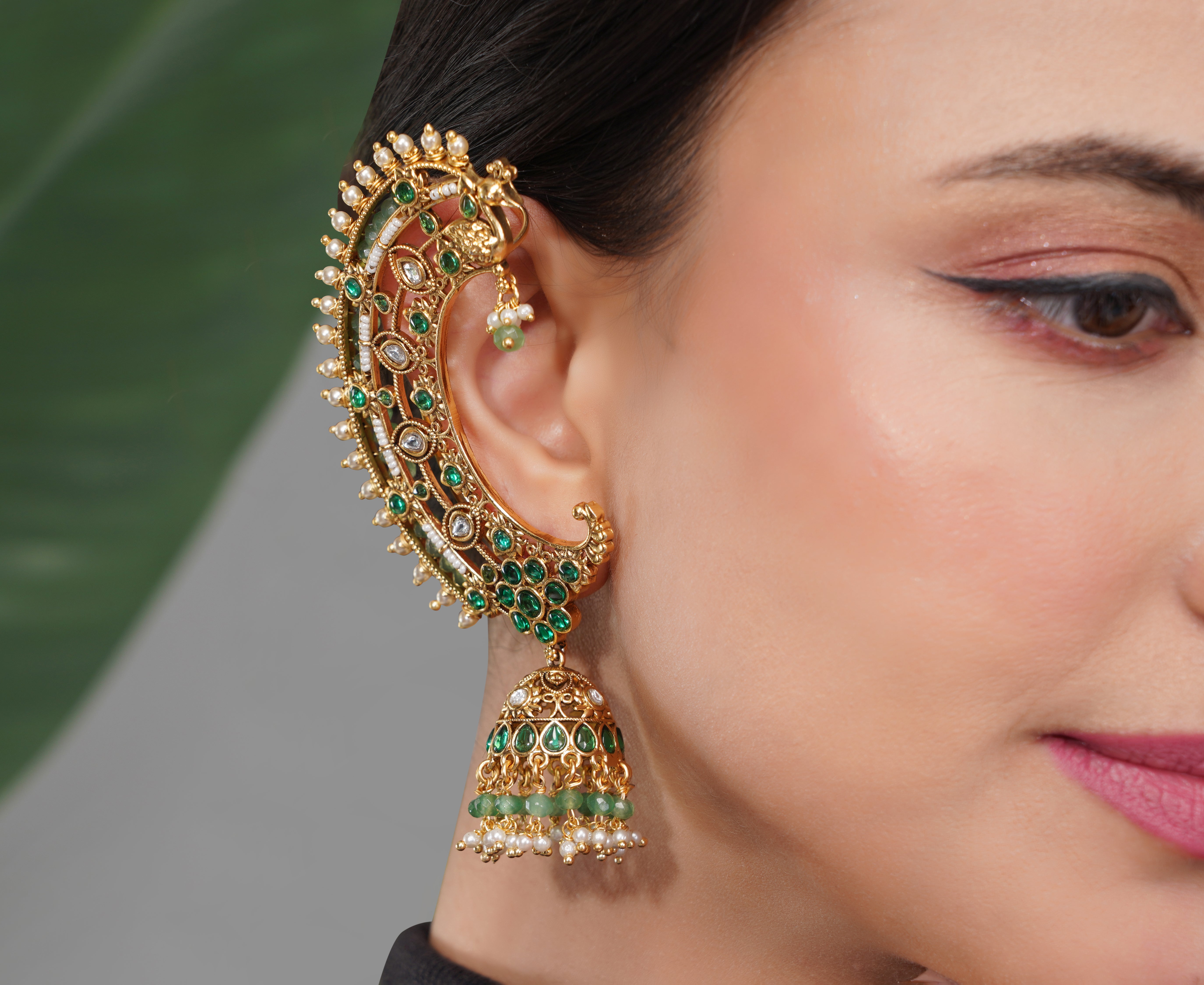 Amaita Gold-Finished Emerald Green Kundan Ear Cuff Earring