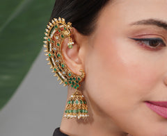 Amaita Gold-Finished Emerald Green Kundan Ear Cuff Earring