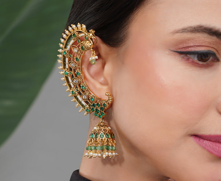 Amaita Gold-Finished Emerald Green Kundan Ear Cuff Earring