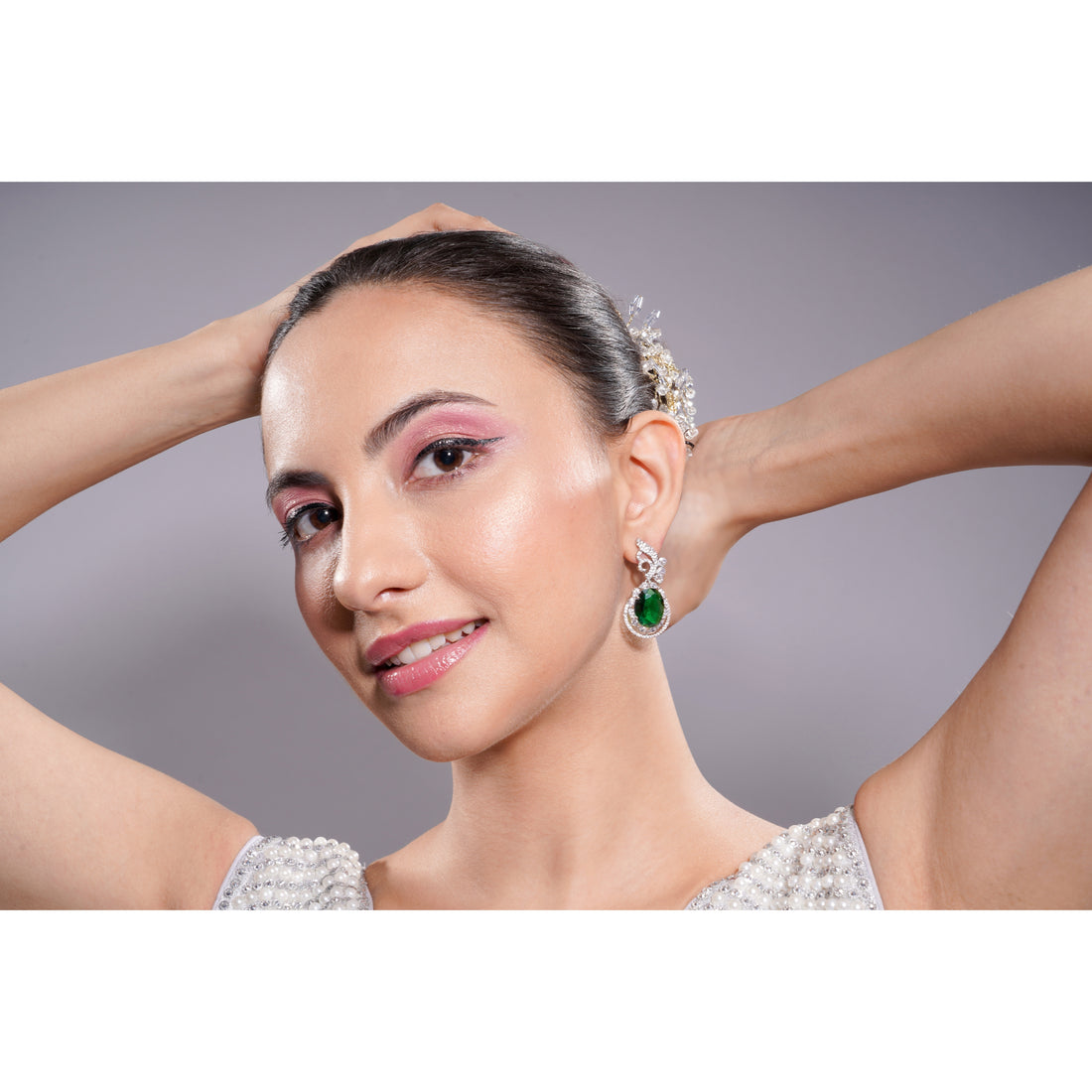 Amaita American Diamond Emerald Green Stone Drop Earrings