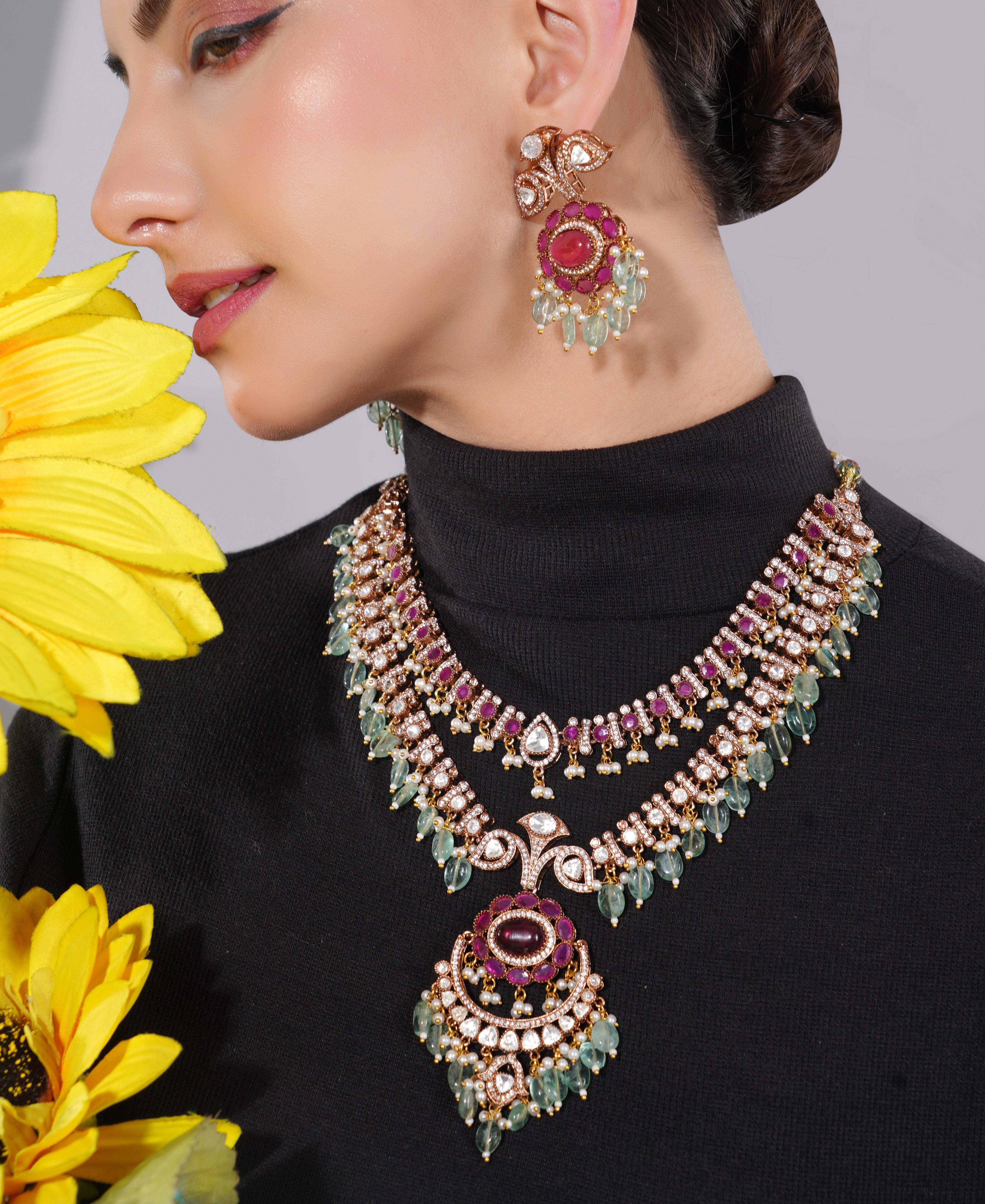 Amaita Kundan Ruby Green Choker Necklace Set