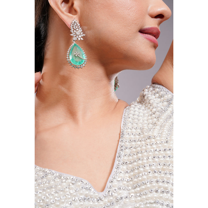 Amaita AD Oversized Mint Green Stone Sunburst Drop Earrings