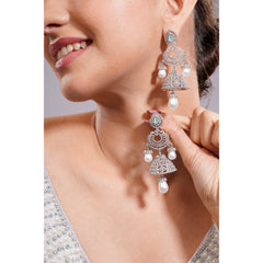 Amaita Silver Tone AD Mint Green Stone Layered Jhumka Pearl Drop