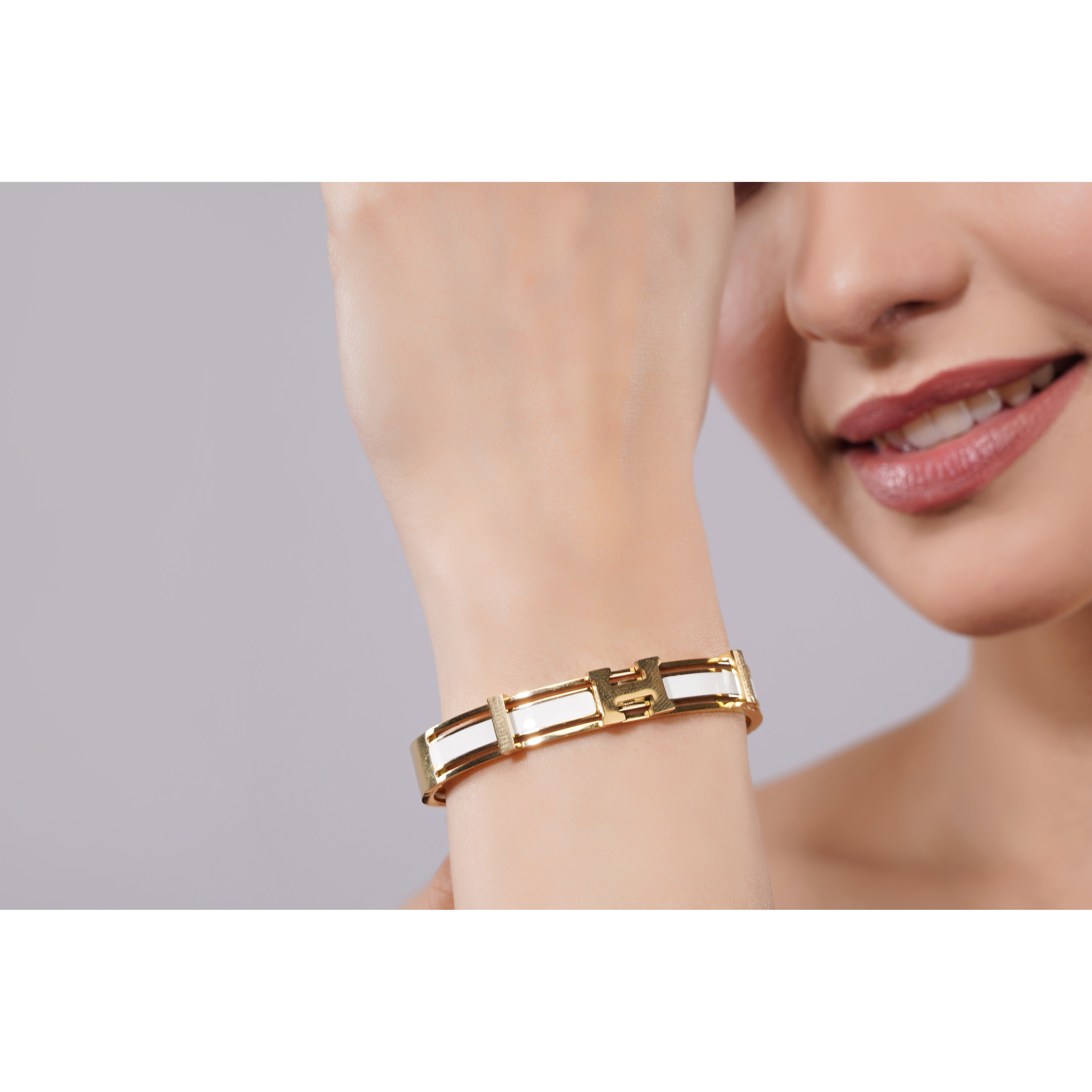 Amaita Demi Fine Gold Tone White Enamel Geometric Link Bracelet