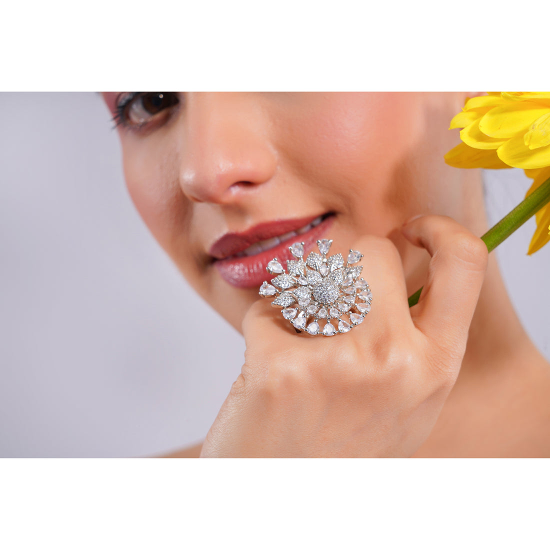 Amaita Demi Fine American Diamond All-White Sunflower Statement Cocktail Ring