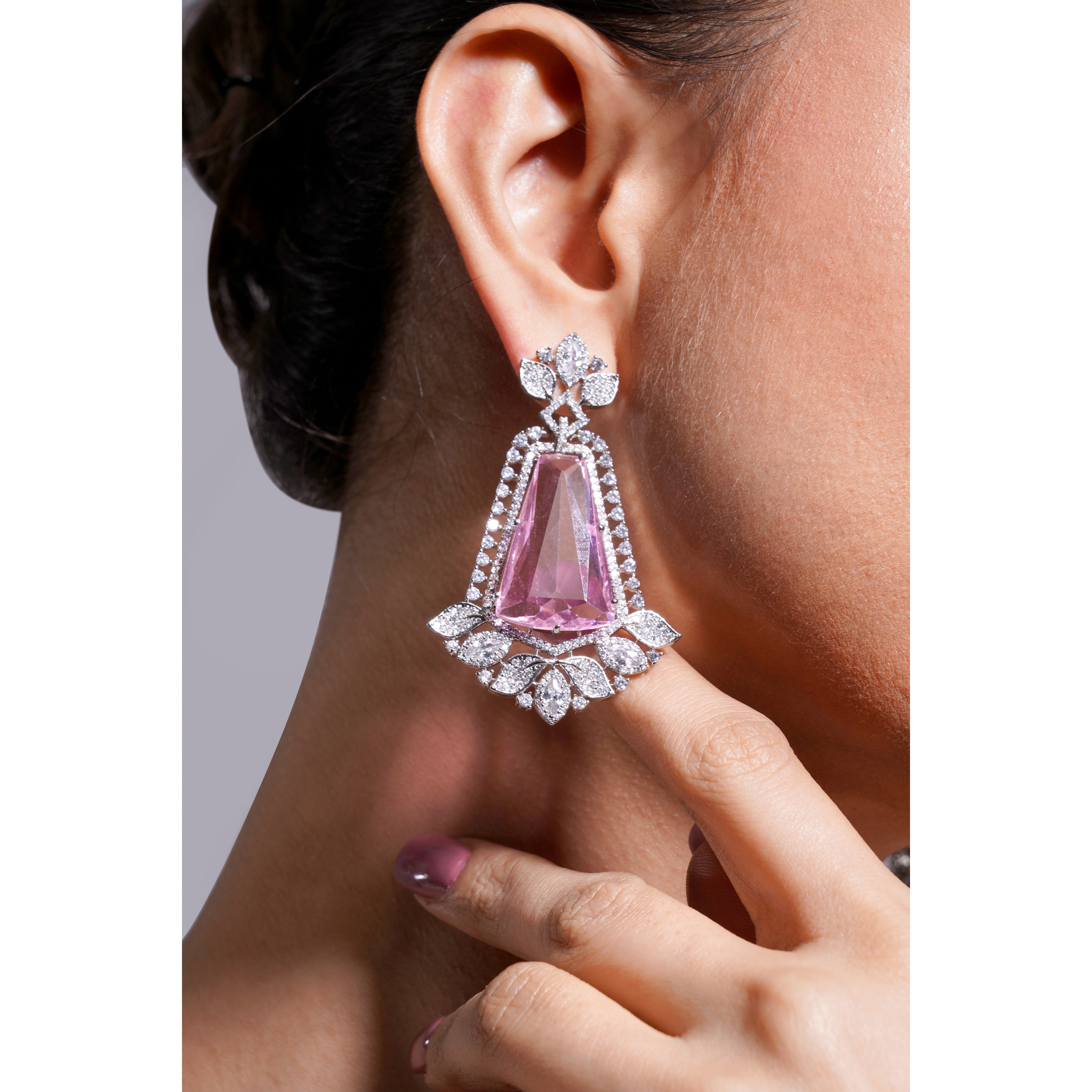 Amaita Silver Tone AD Pink Stone Drop Earrings
