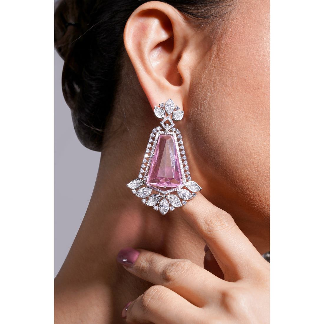 Amaita Silver Tone AD Pink Stone Drop Earrings