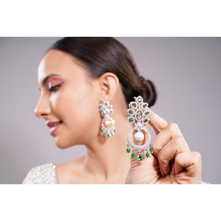 Amaita Silver Tone AD Emerald Green Stone Pearl Chandbali Drop