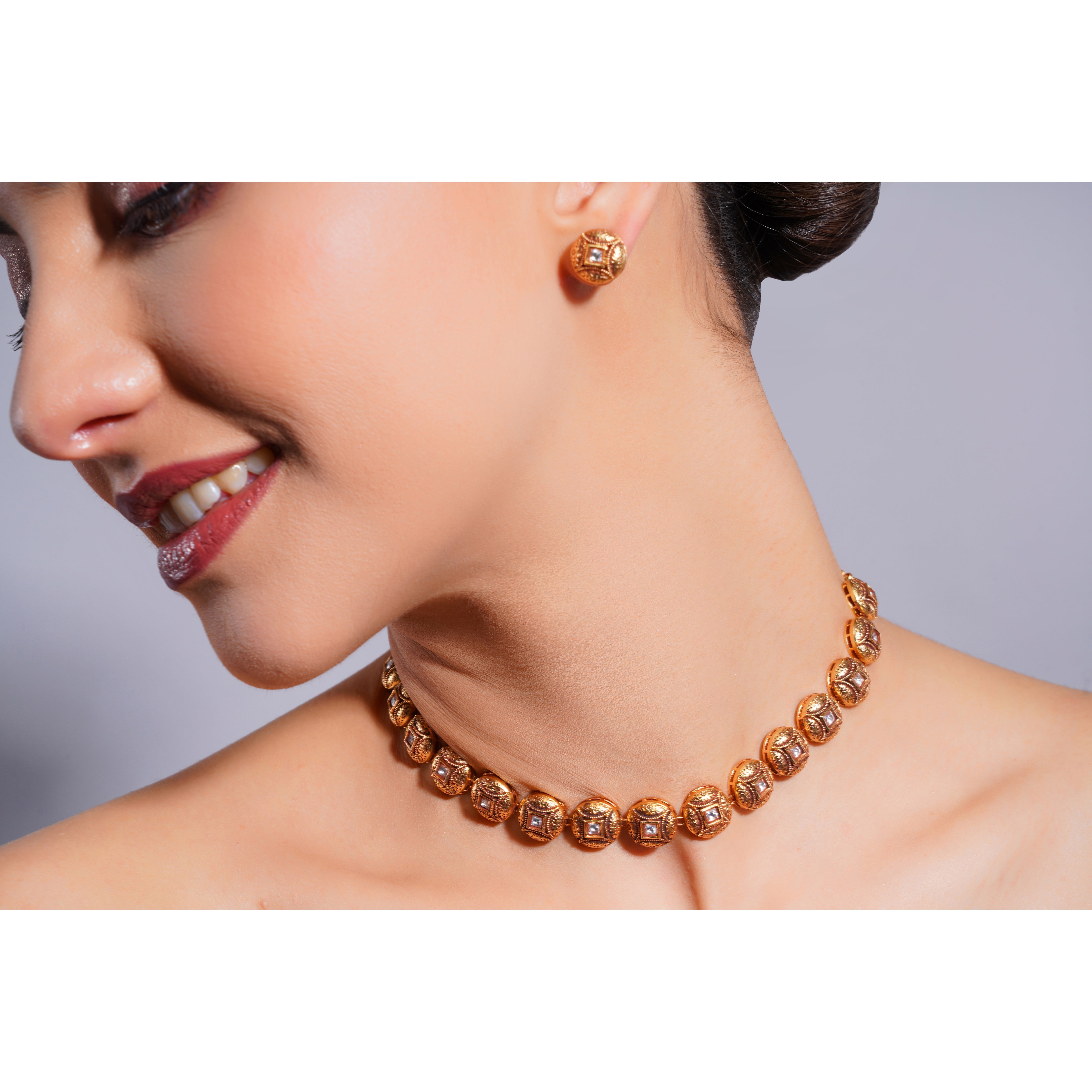 Amaita Demi Fine Ethnic Gold Tone Antique Dome Bead Choker Necklace Stud Set