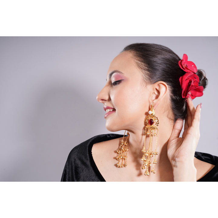 Amaita Kashmiri Red Stone Long Dangling Earrings