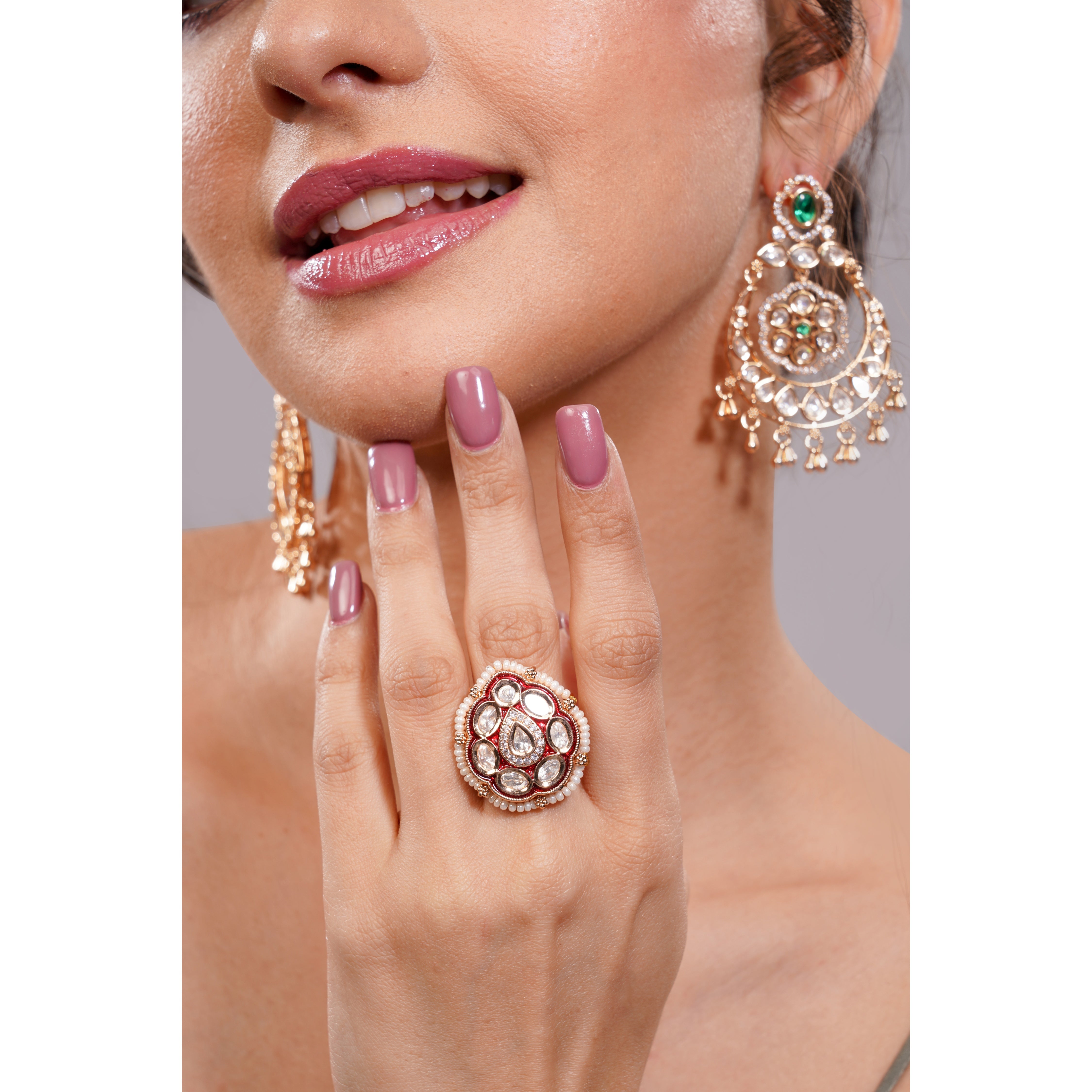 Amaita Gold Finish Polki Kundan Red Enamel Pearl Border Cocktail