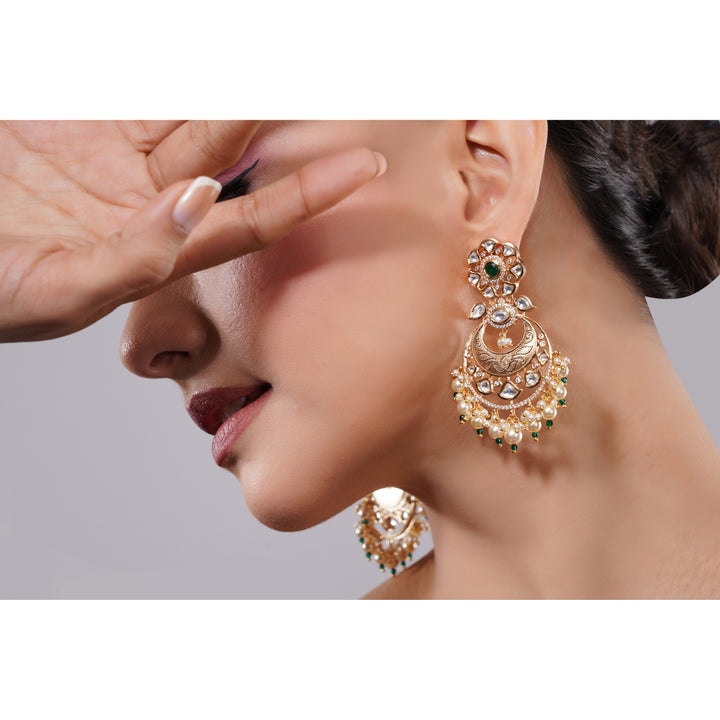 Amaita Demi Fine Ethnic Polki kundan Pearl Drop Chandbali Earrings in Gold Finish
