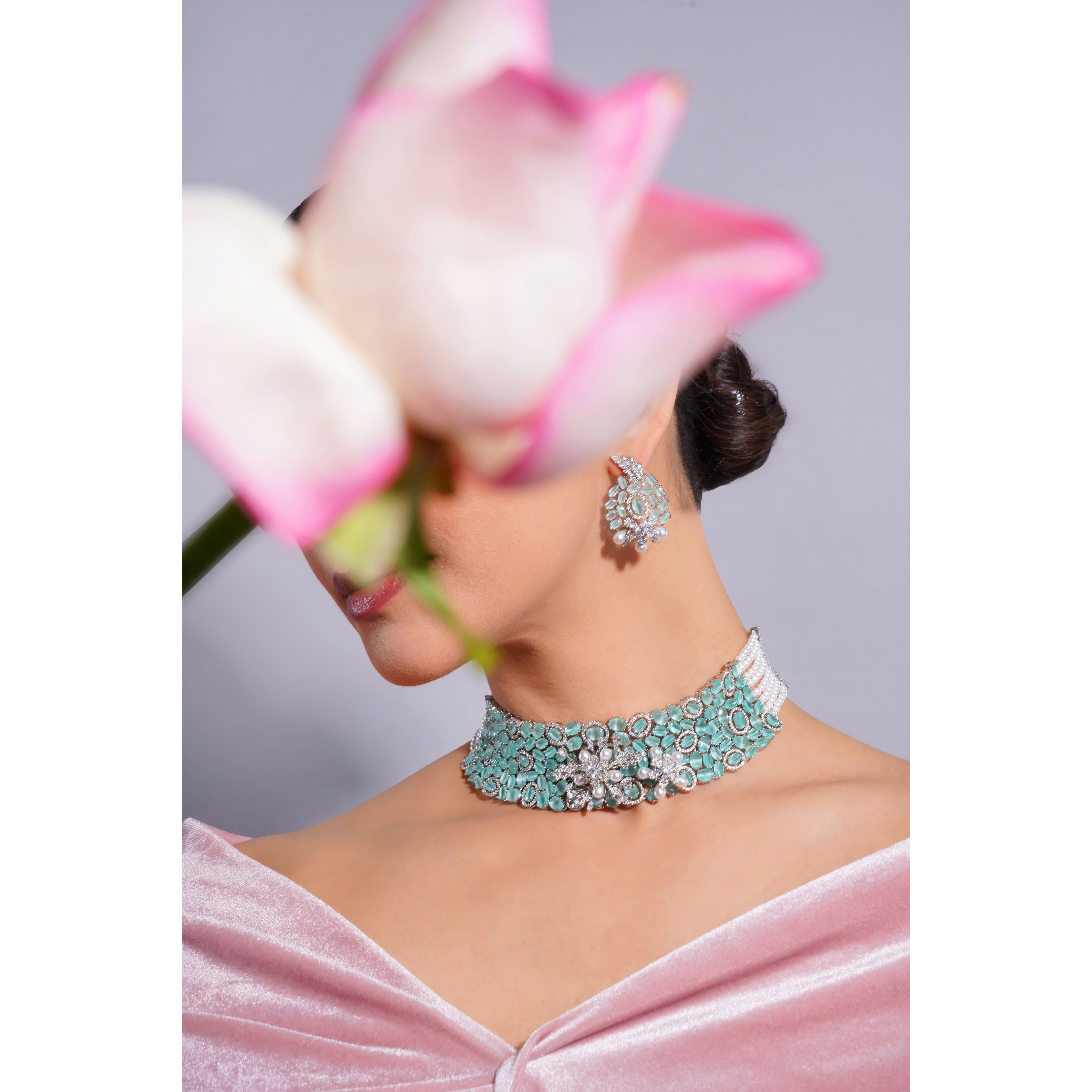 Amaita Demi Fine Platinum Polish AD Turquoise Stone Pearl Strand Choker Necklace Earring Set