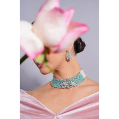 Amaita Demi Fine Platinum Polish AD Turquoise Stone Pearl Strand Choker Necklace Earring Set