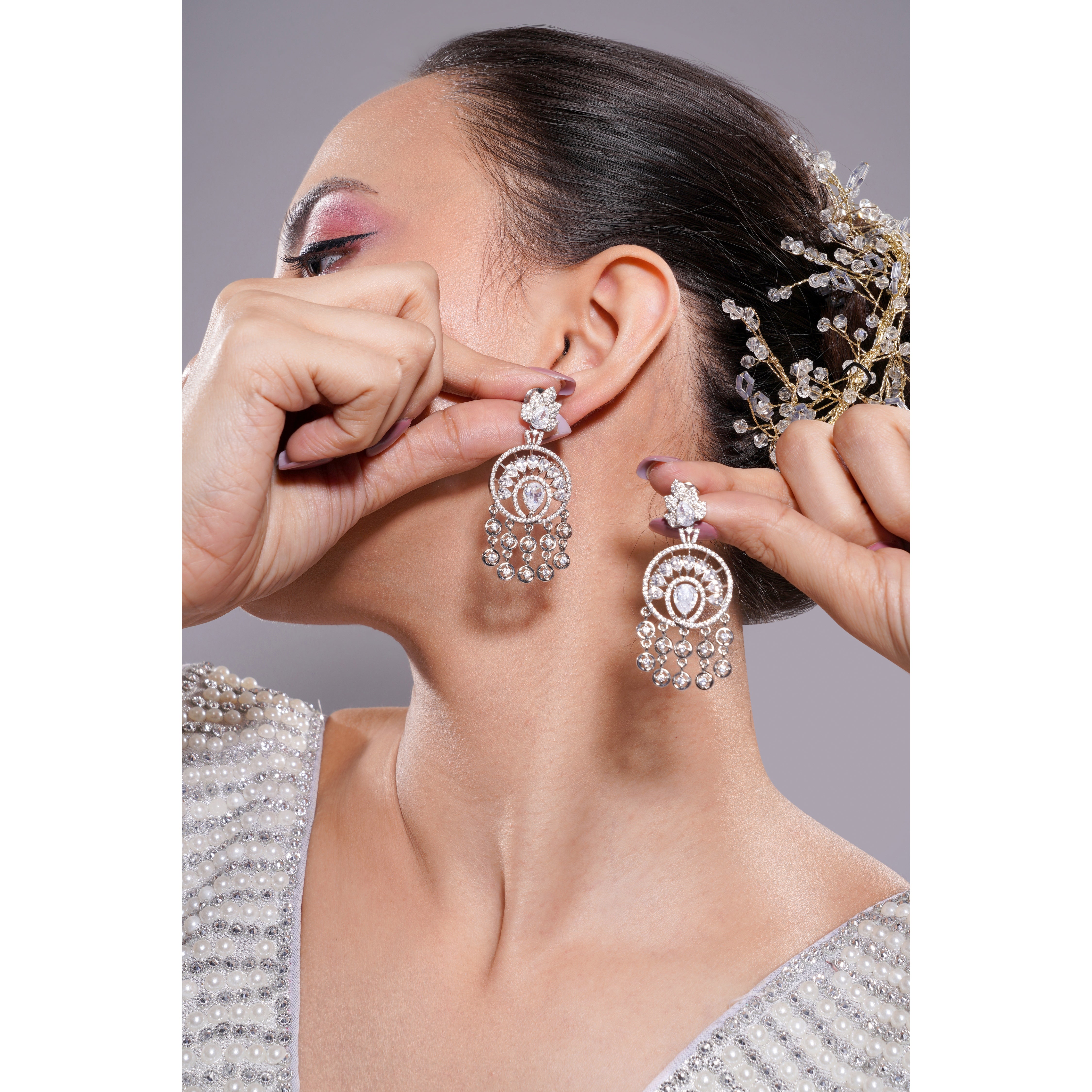 Amaita AD Pear Stone Tassel Drop Earrings in Silver Finish