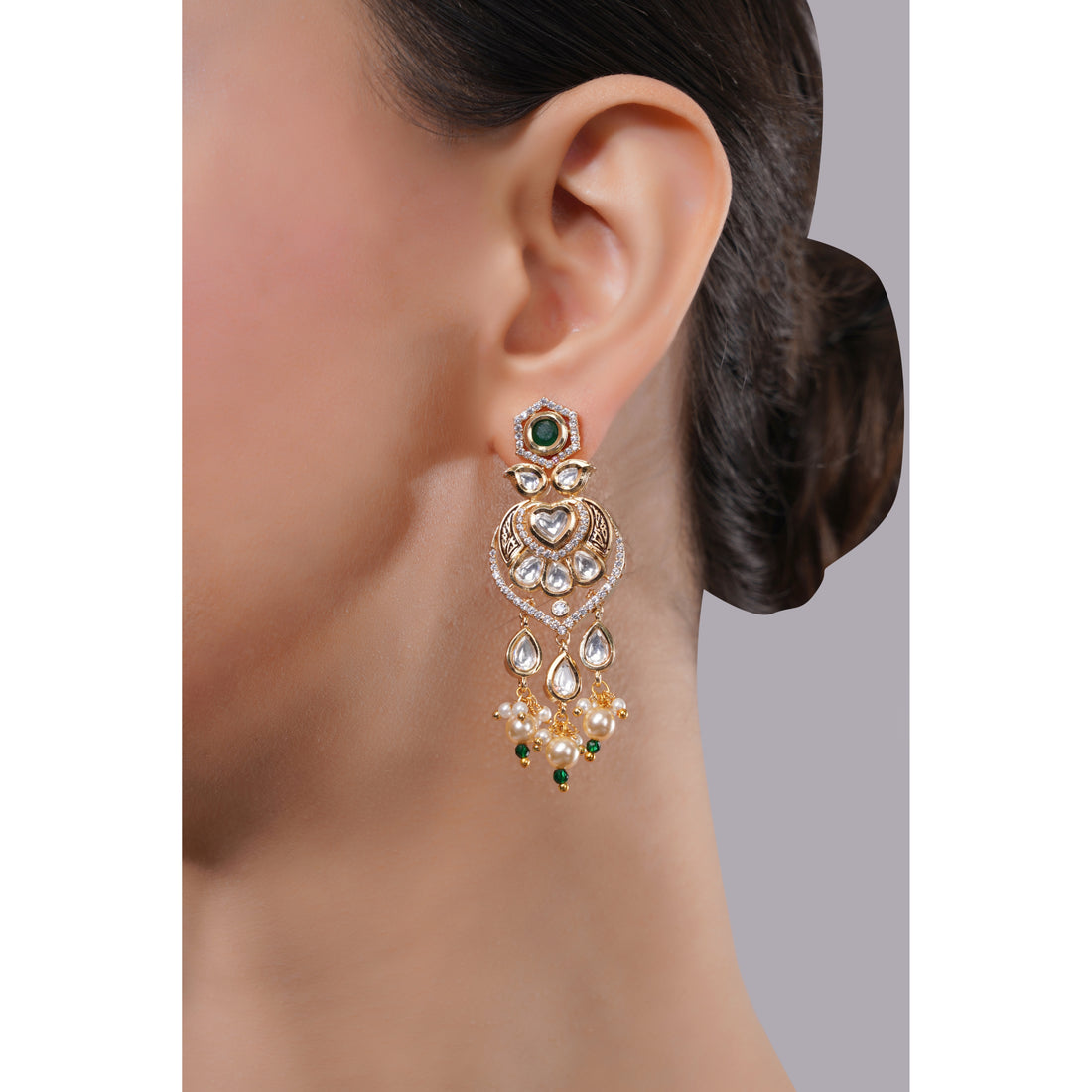 Amaita Demi Fine Ethnic Polki Kundan Emerald Green Pearl Drop Earrings