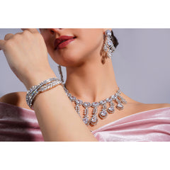 Amaita Demi Fine Platinum Polish AD Pear Stone Chandelier Fringe Necklace Earring Set