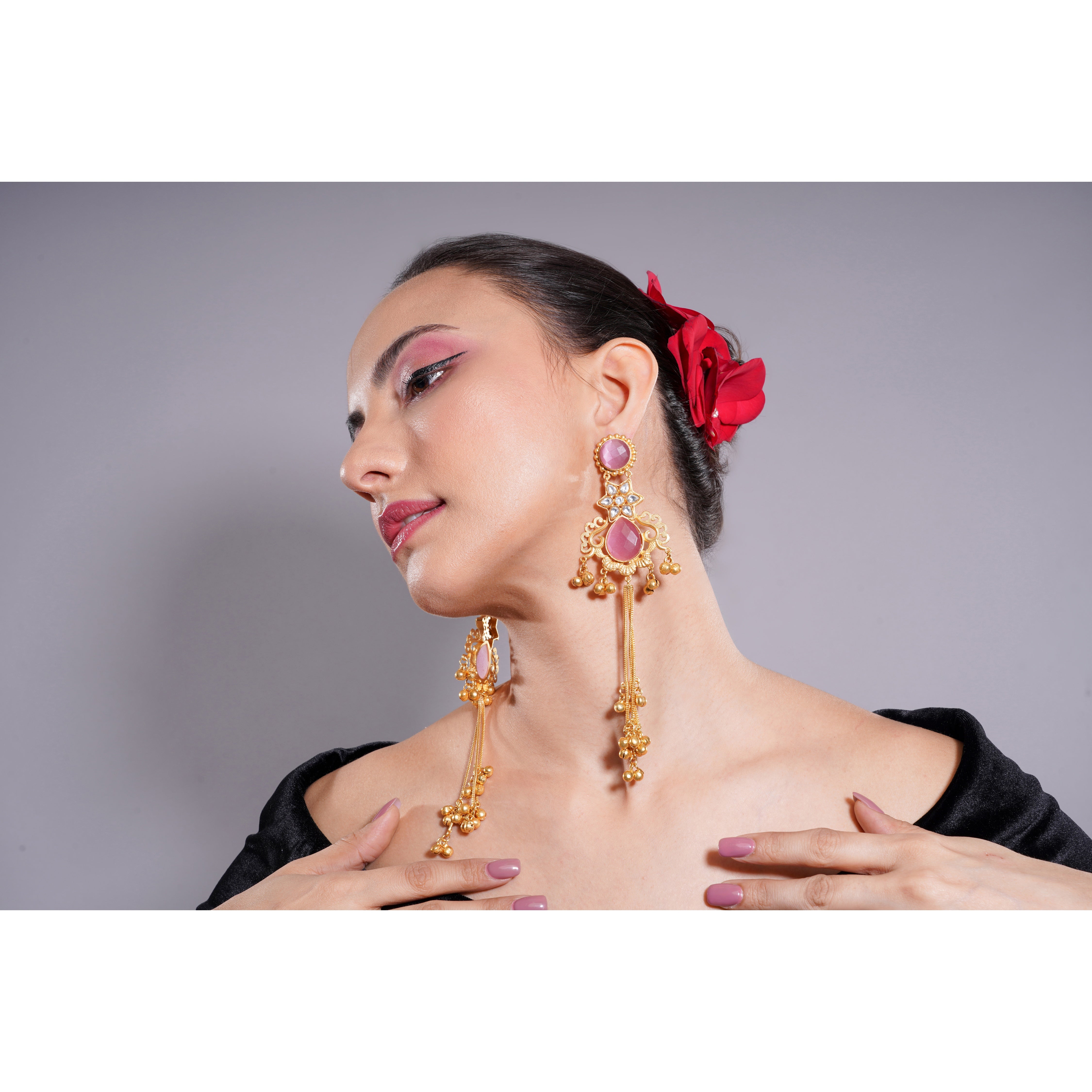 Amaita Kashmiri Pink Stone Long Dangling Earrings
