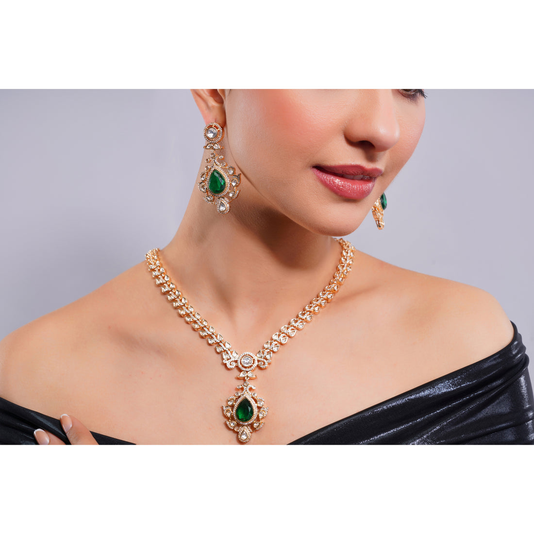 Amaita Demi Fine Polki Emerald Green Teardrop Pendant Necklace Earring Set