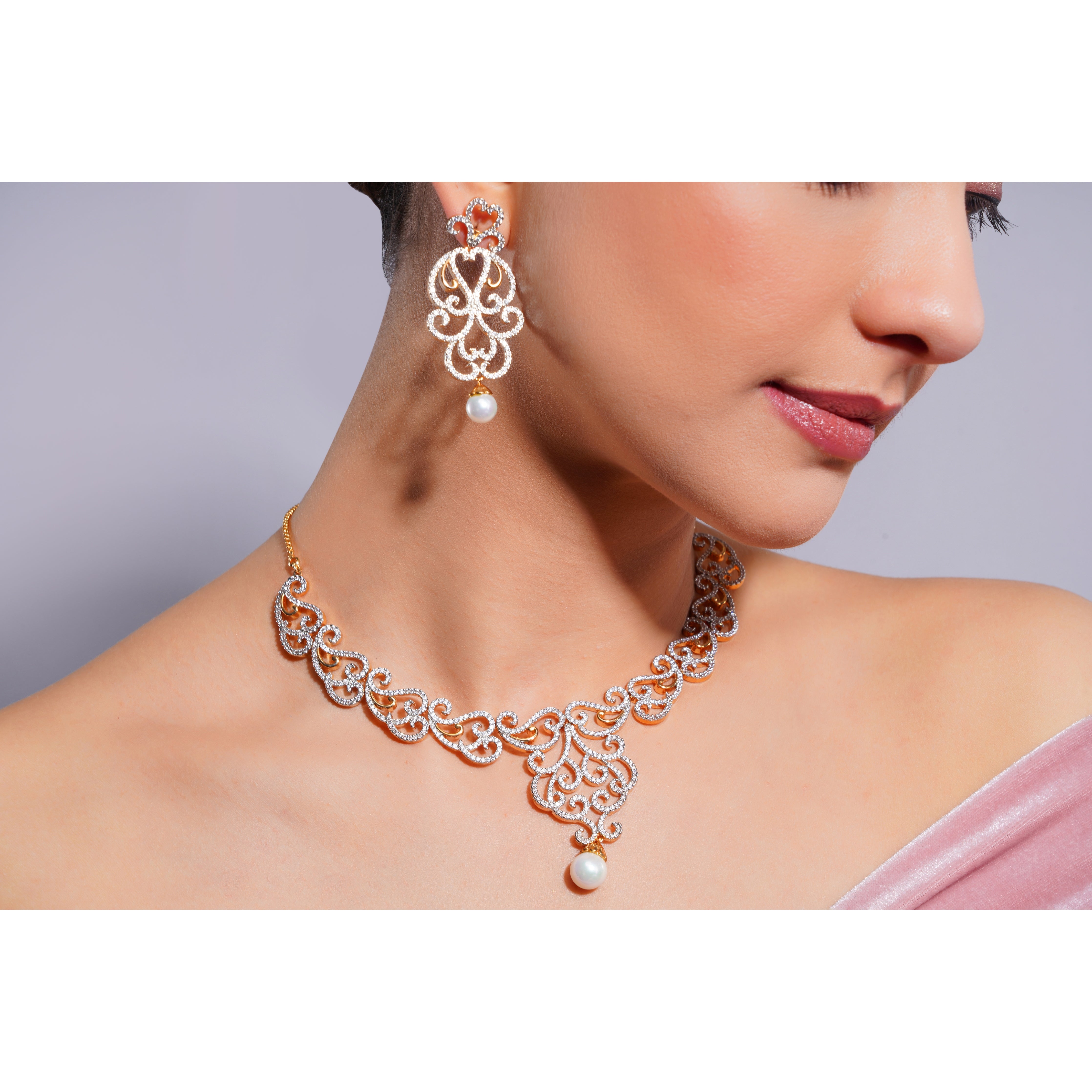 Amaita Demi Fine Gold Tone AD Filigree Scroll Necklace and Earring Set