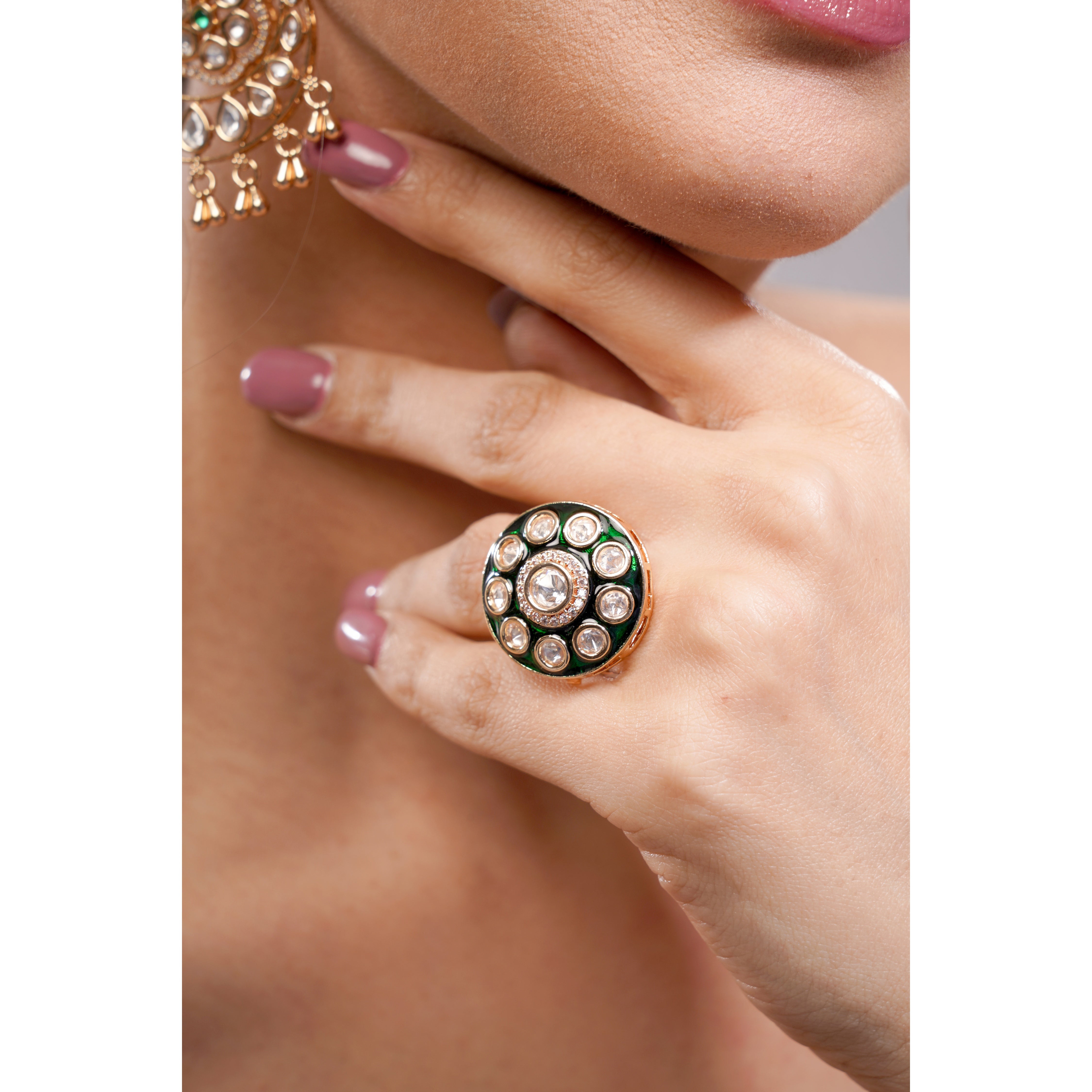 Amaita Gold Finish Polki Kundan Green Enamel Dome Cocktail Ring