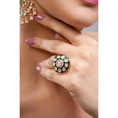 Amaita Gold Finish Polki Kundan Green Enamel Dome Cocktail Ring