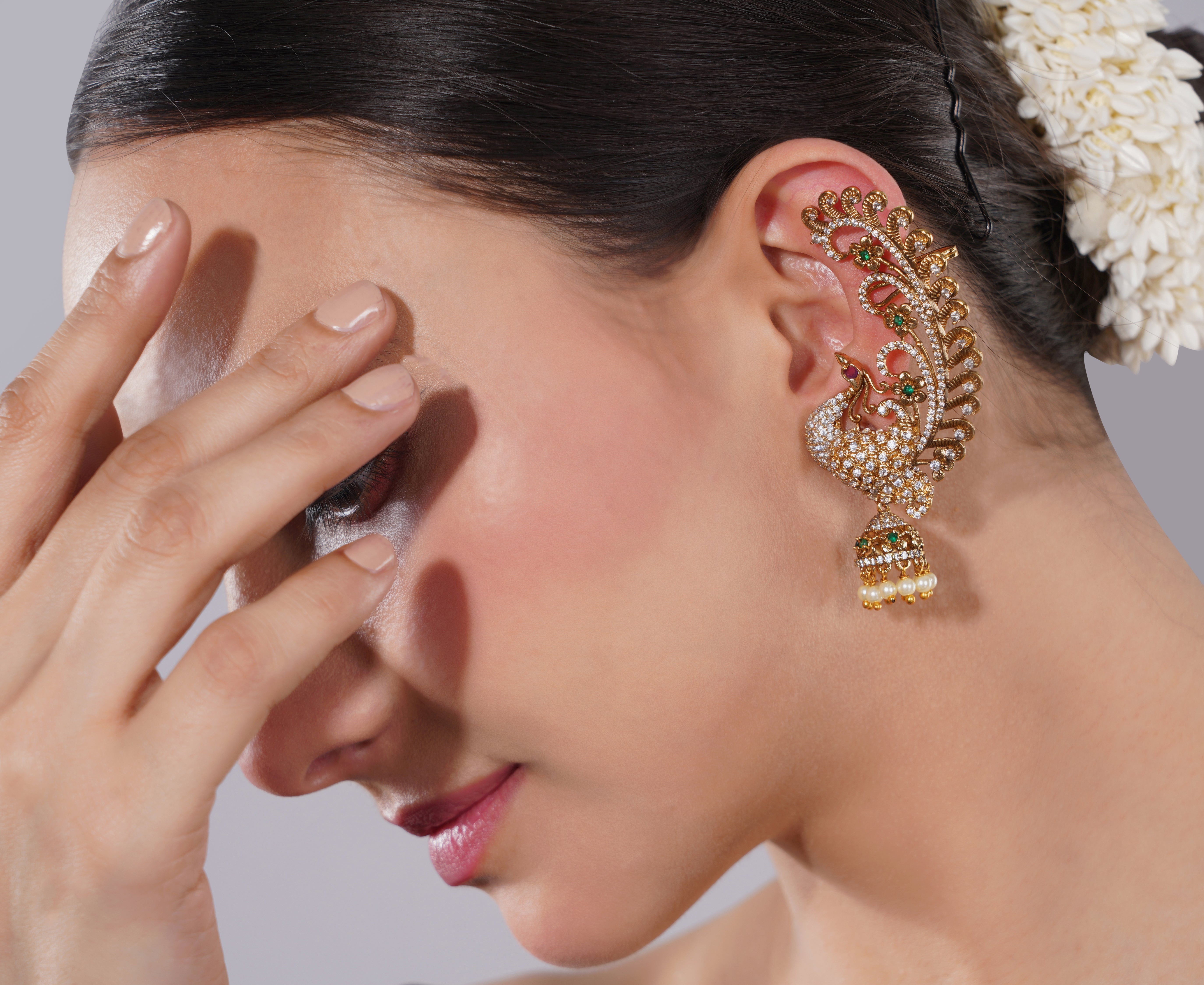 Amaita Gold Finish Peacock Inspired American Diamond Ear Cuff Earring