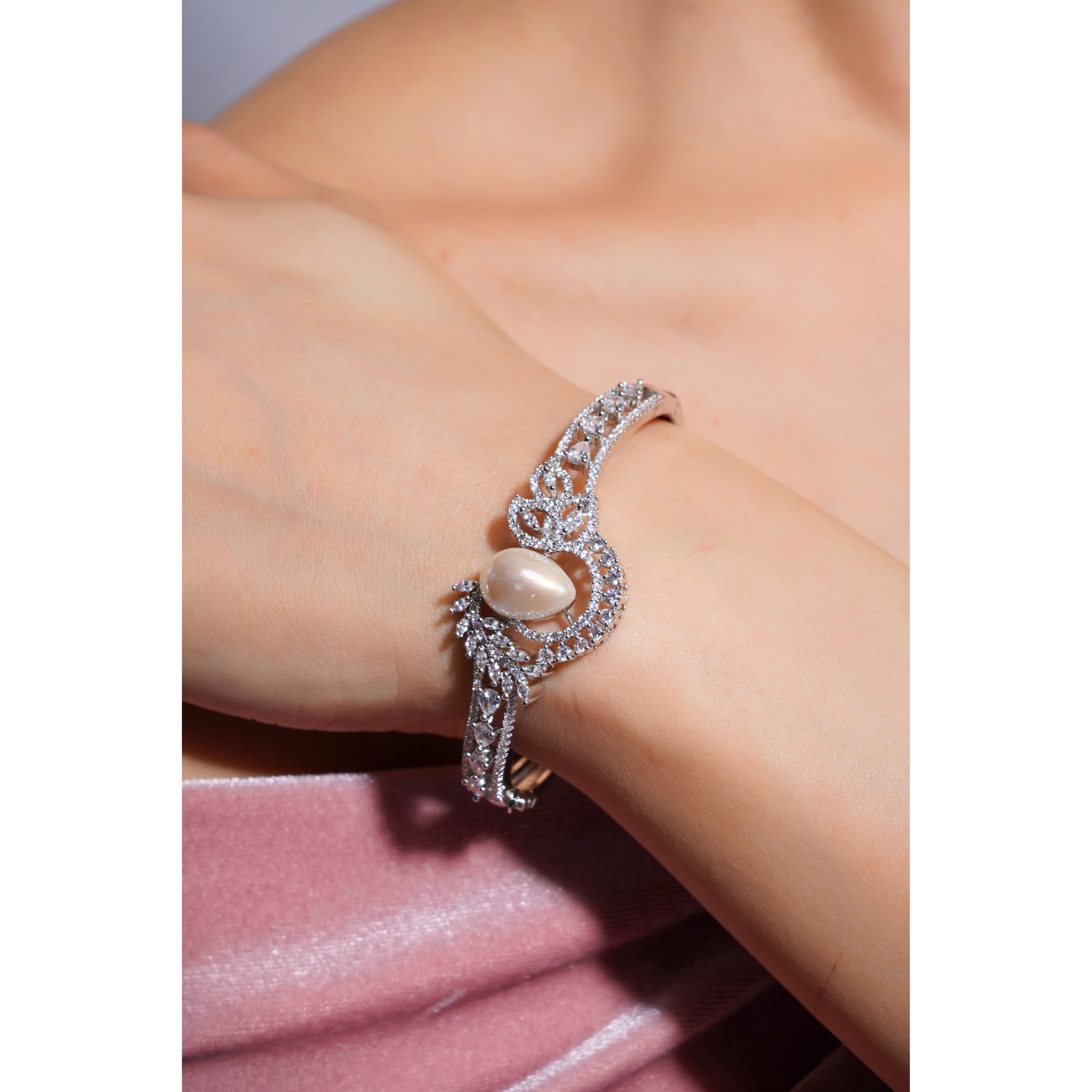 Amaita Demi Fine Platinum Polish AD Scroll Pearl Centre Cuff Bracelet