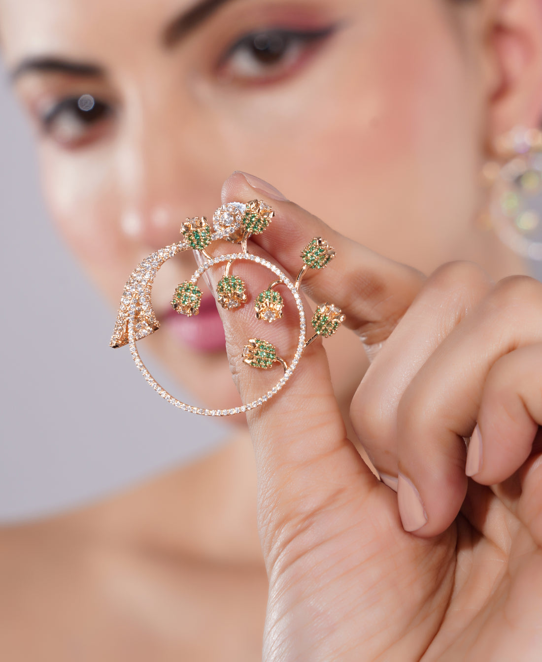 Amaita American Diamond Floral Green Stone Earrings