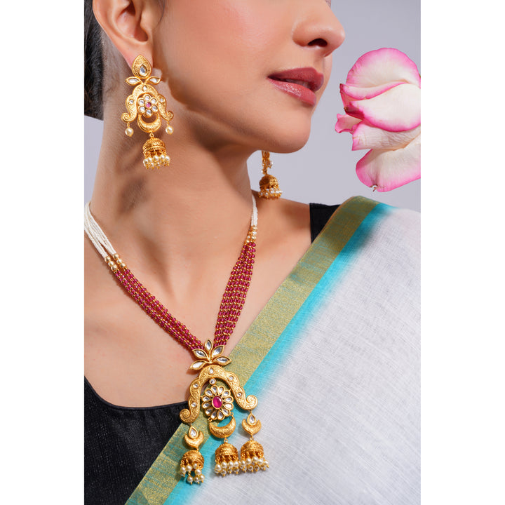Amaita Demi Fine Ethnic Polki Ruby Red Bead Strand Jhumka Pendant Chandbali Necklace Set