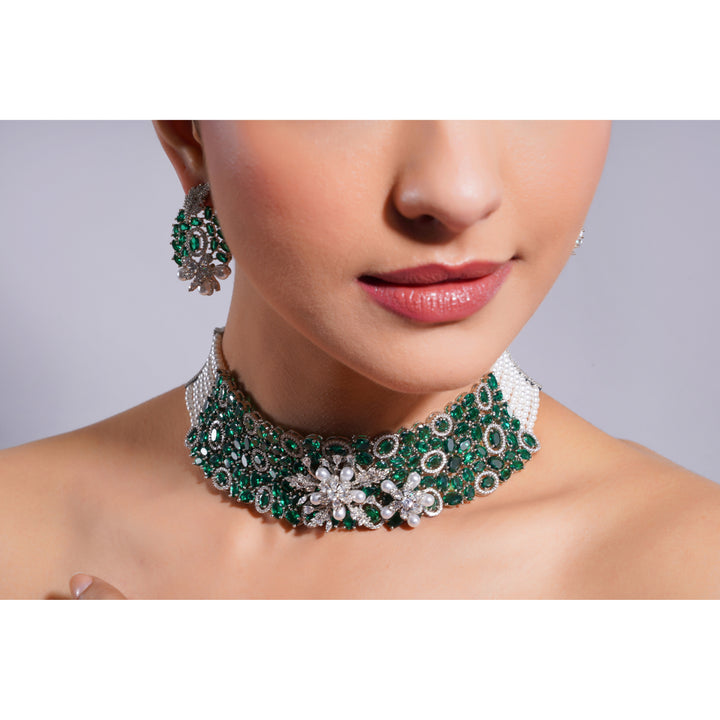 Amaita Demi Fine American Diamond Emerald Green Stone Broad Choker Jewellery Set