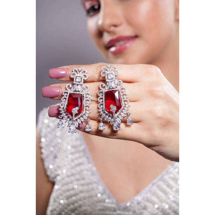 Amaita American Diamond Ruby Shield Drop Earrings