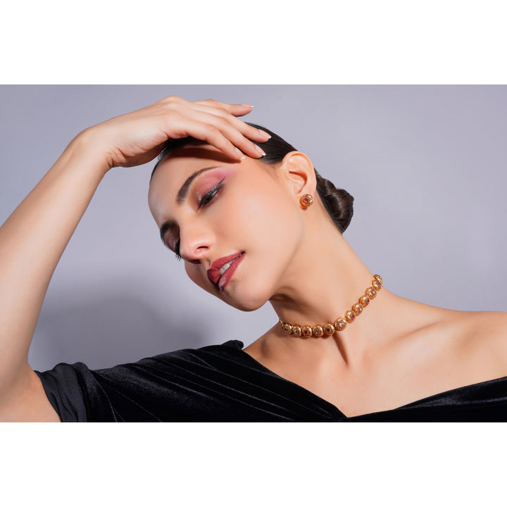 Amaita Demi Fine Ethnic Gold Tone Antique Dome Ruby Stone Choker and Stud Set