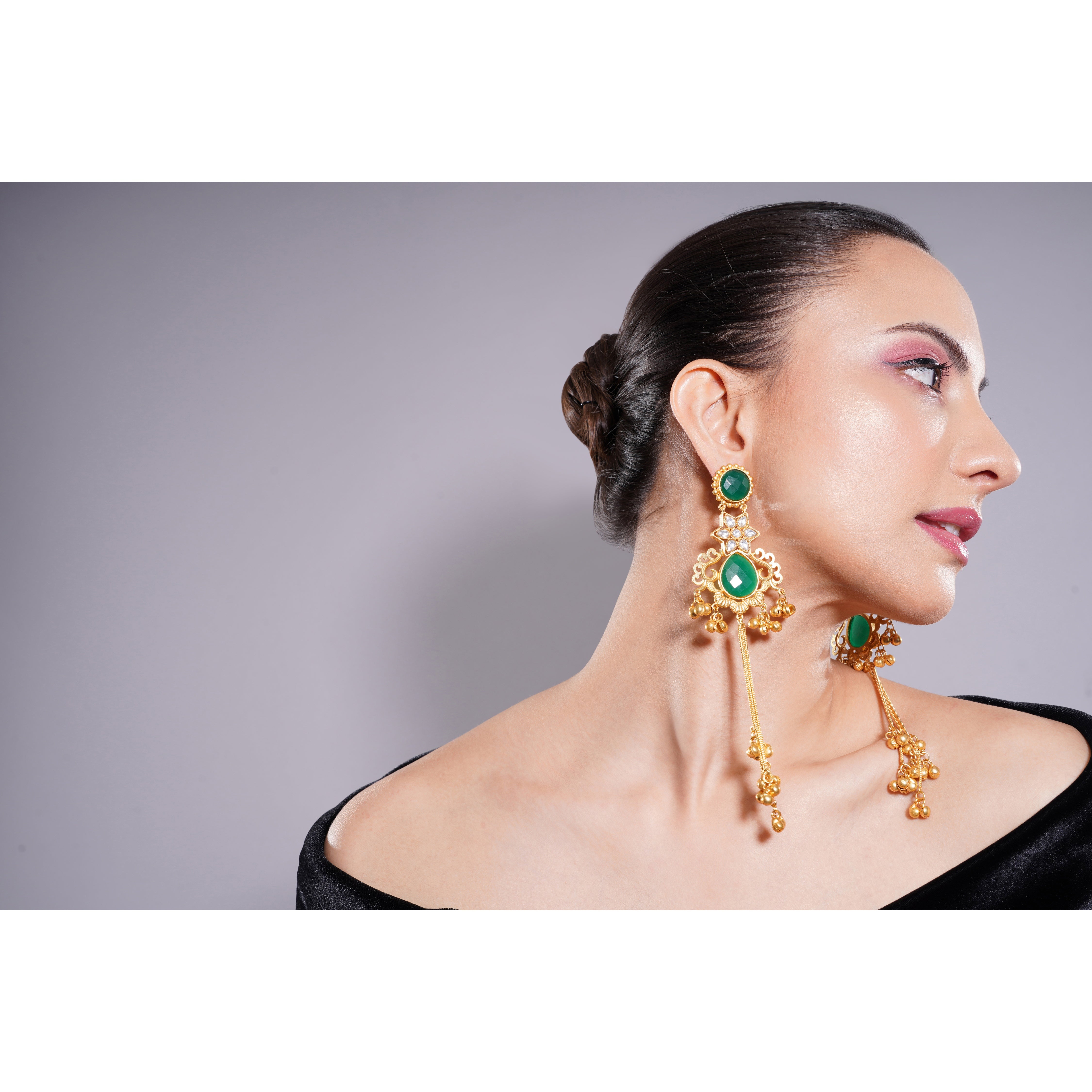 Amaita Kashmiri Green Stone Long Dangling Earrings