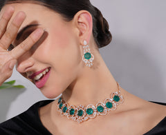 Amaita American Diamond Emerald Choker Necklace and Earring Set