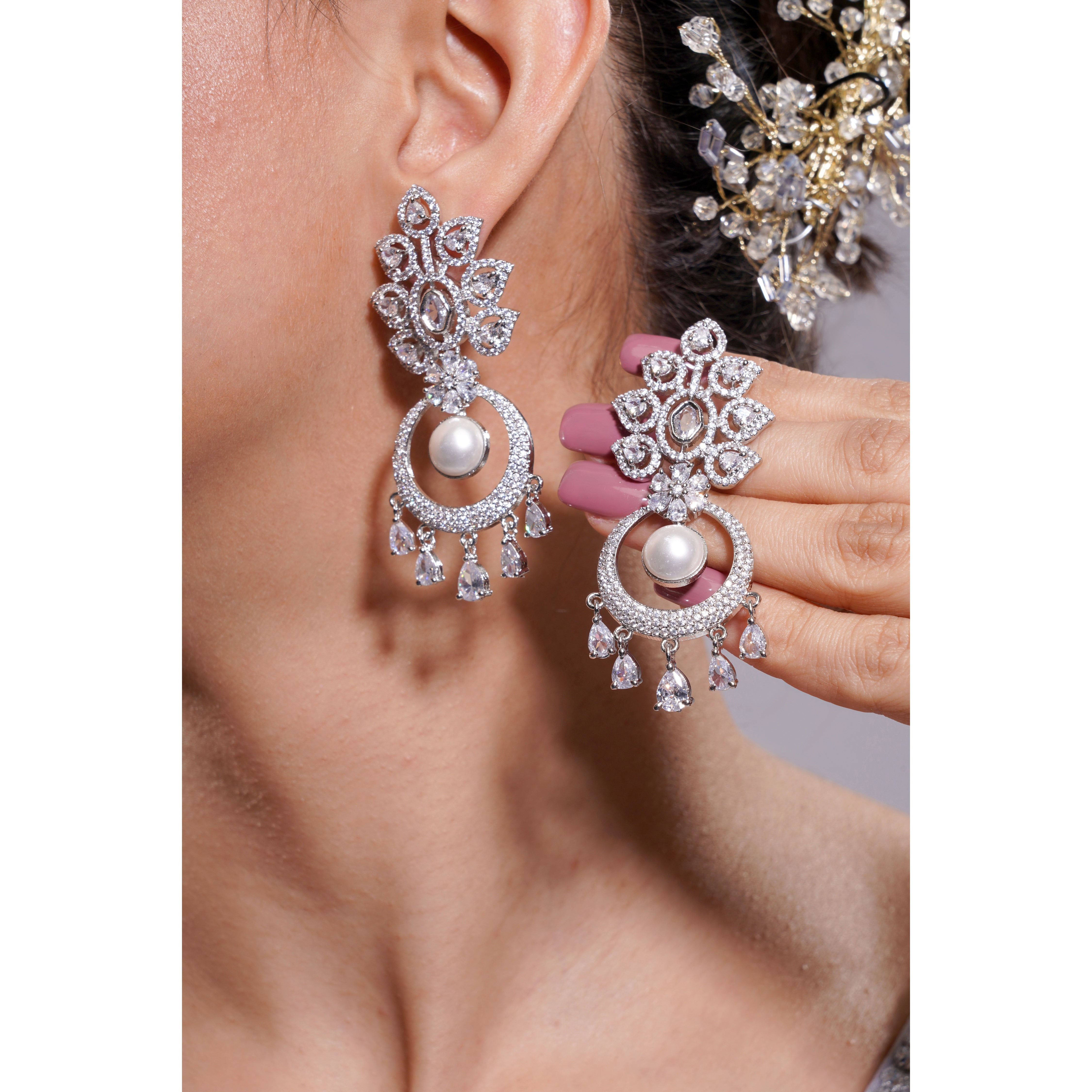 Amaita Silver Tone AD Floral Pearl Chandbali Drop Earrings