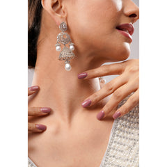 Amaita AD Chandbali Double Jhumka Earrings in Platinum Polish