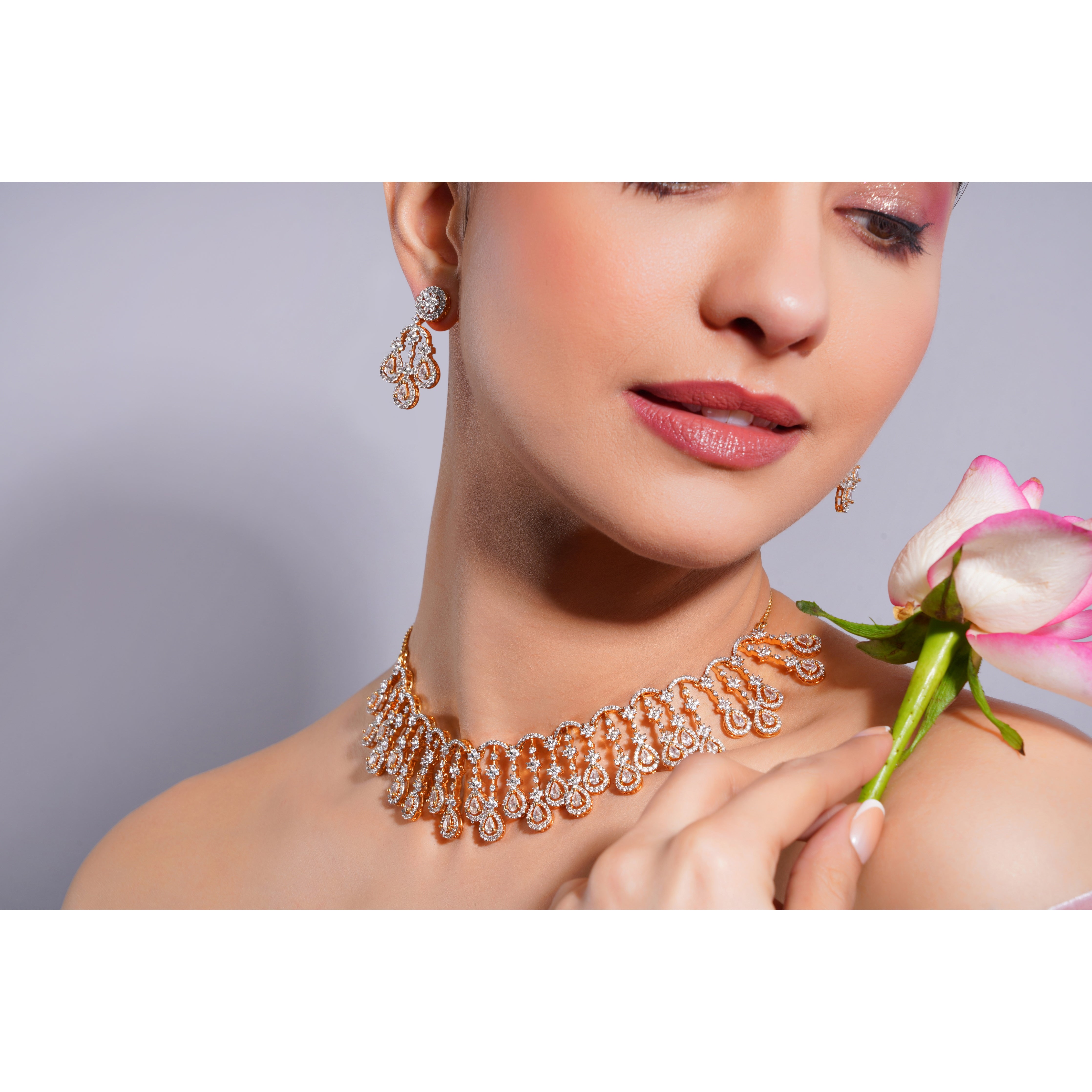 Amaita Demi Fine American Diamond Gold Floral Drop Fringe Necklace Earring Set