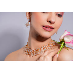 Amaita Demi Fine American Diamond Gold Floral Drop Fringe Necklace Earring Set