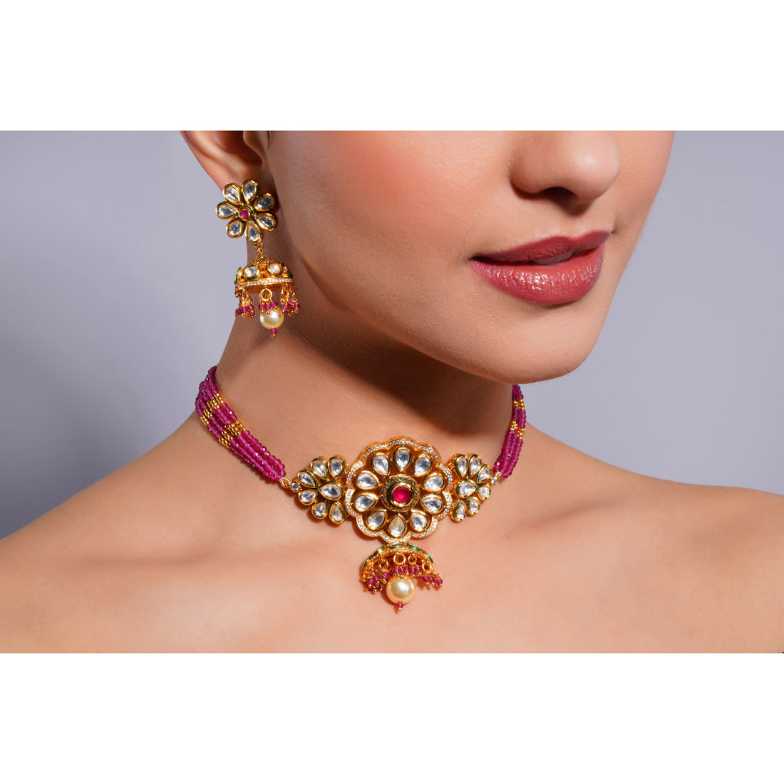Amaita Demi Fine Ethnic Polki Kundan Ruby Pink BeadsStrand Jewellery Set