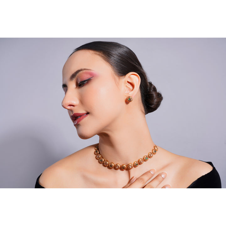 Amaita Demi Fine Ethnic Gold Tone Antique Dome Emerald Green Stone Choker Set
